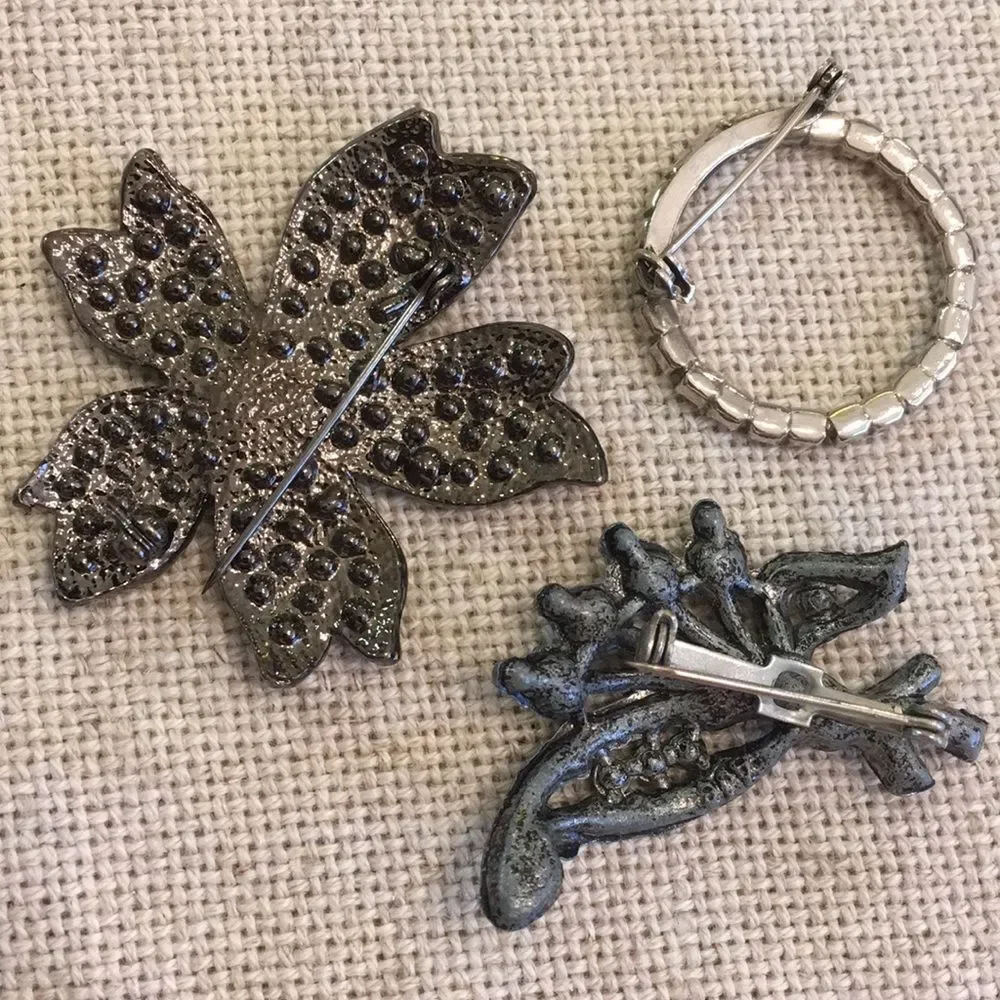 Set of 3 Rhinestone Pins Floral & Round Circle